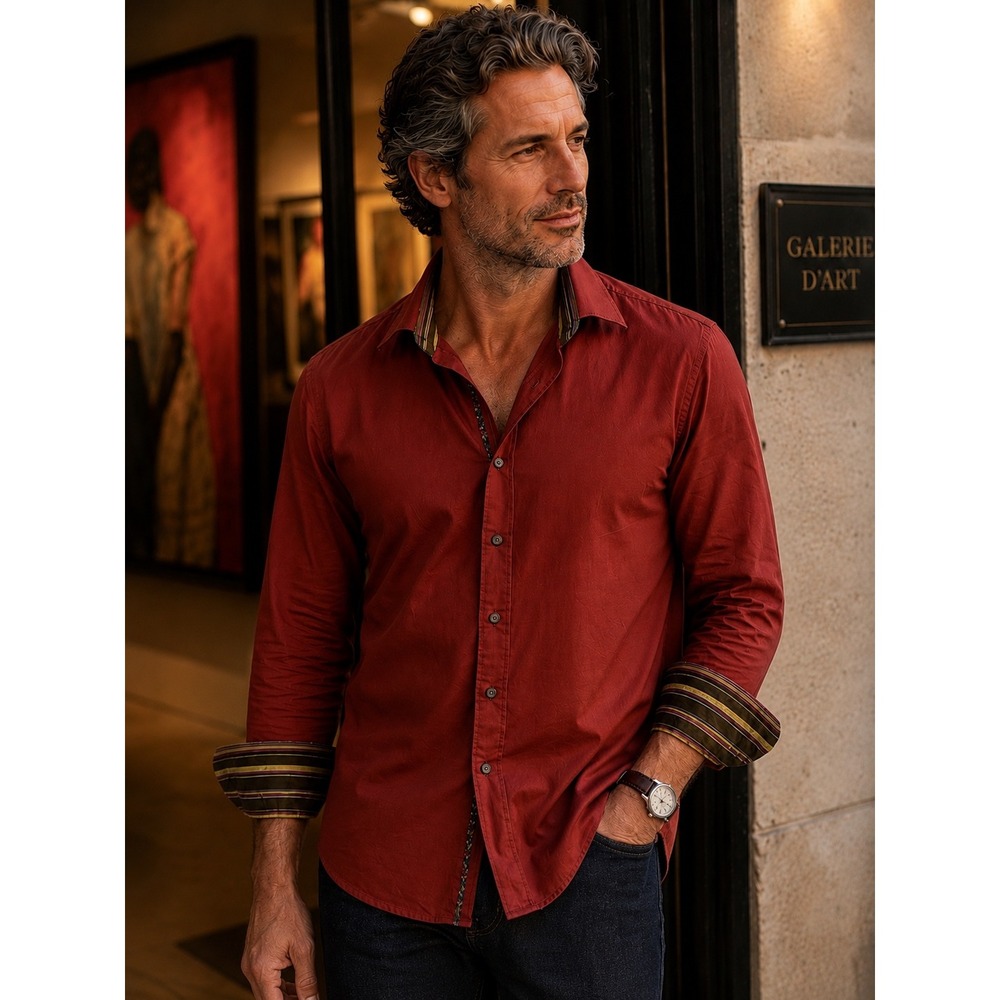 Robert Graham Classic Fit Burnt Red Cotton Shirt L Contrast Cuffs Artful‎ Luxury